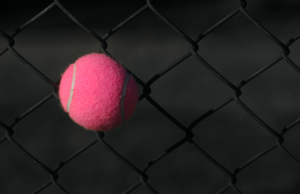 Pink tennis ball stuck in fence